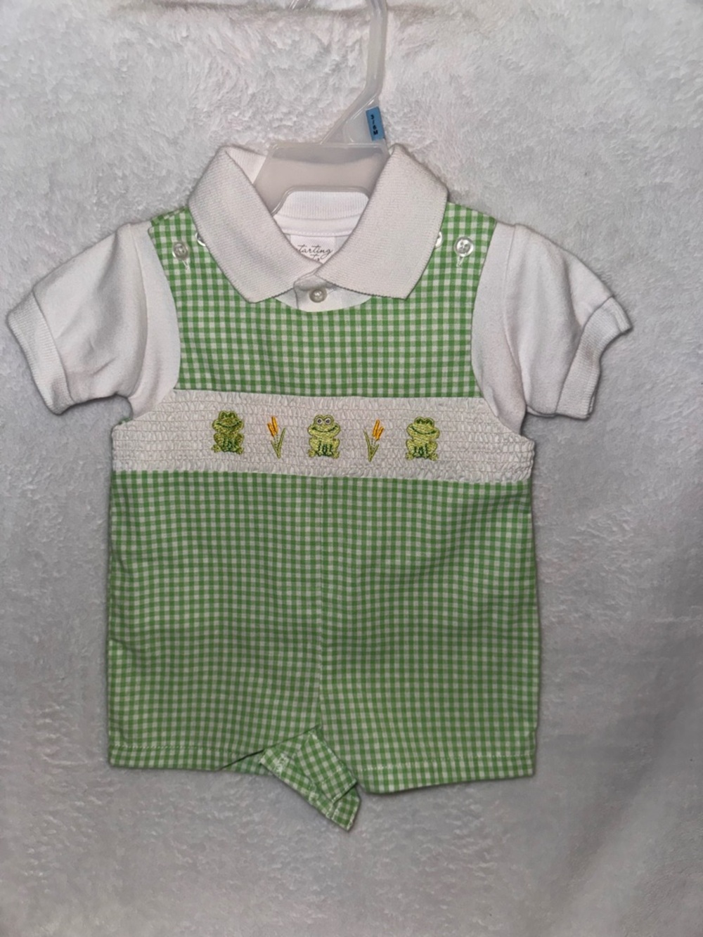 Starting Out Green Gingham Frog Smocked Romper